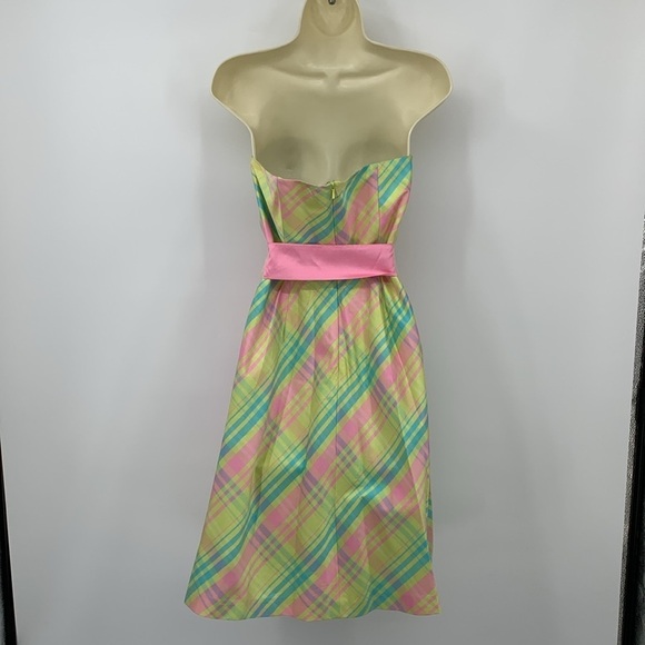 Lilly Pulitzer Sienna silk taffeta plaid strapless dress green pink fit flare 4 - Picture 3 of 4